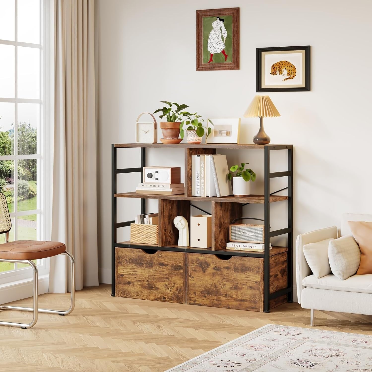4 Tier White Bookcase with 2 Drawers Modern Storage Shelf for Living Room Brown
