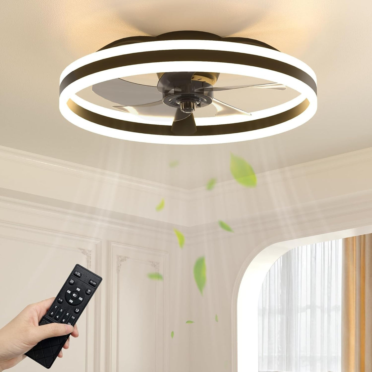 50cm LED Ceiling Fan Light Black, 6 Speeds Quiet Remote, Dimmable Modern