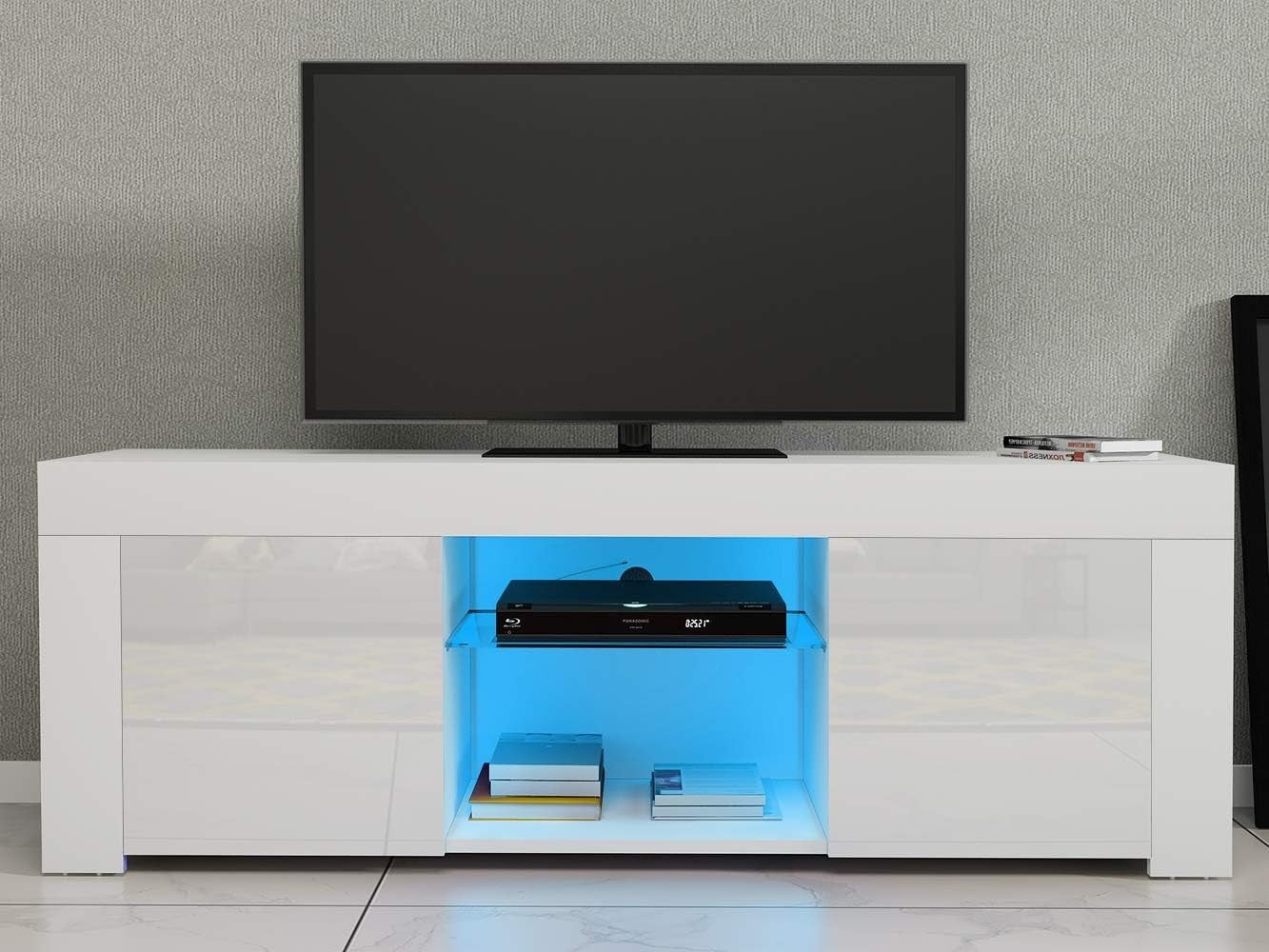 White Modern TV Stand for 50” TVs with RGB LED Light & Storage Cabinets