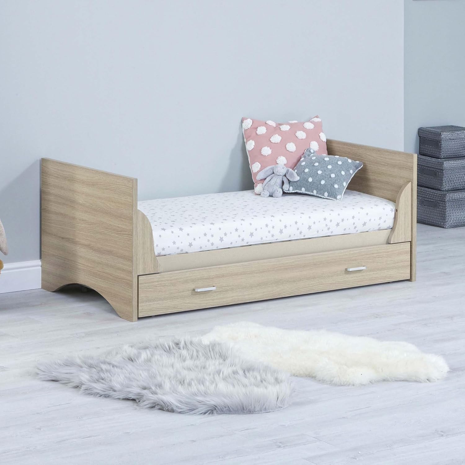 Convertible Baby Cot Bed with Drawer Toddler Bed Adjustable Mattress Height Oak