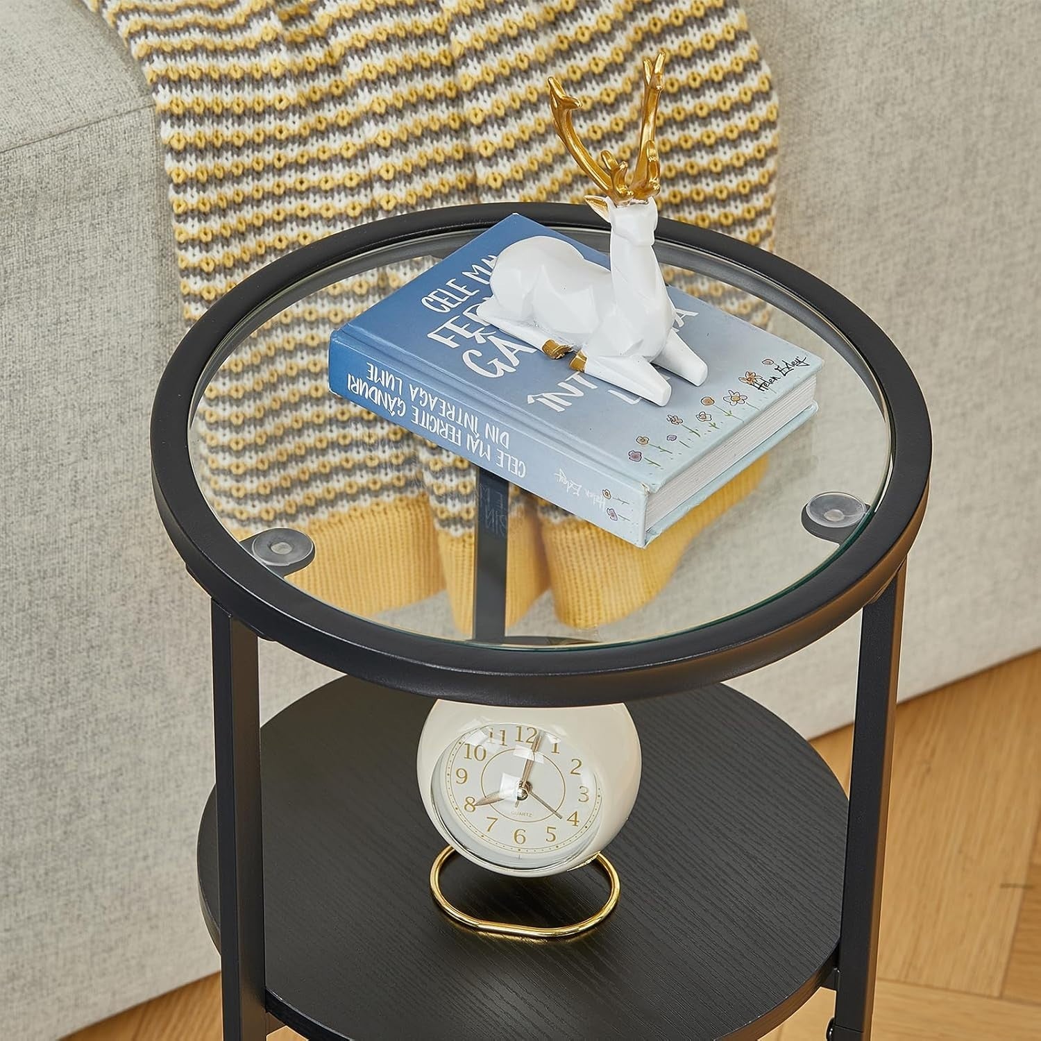Modern 3-Tier Round Side Table with Tempered Glass, Storage, 30x30x55cm