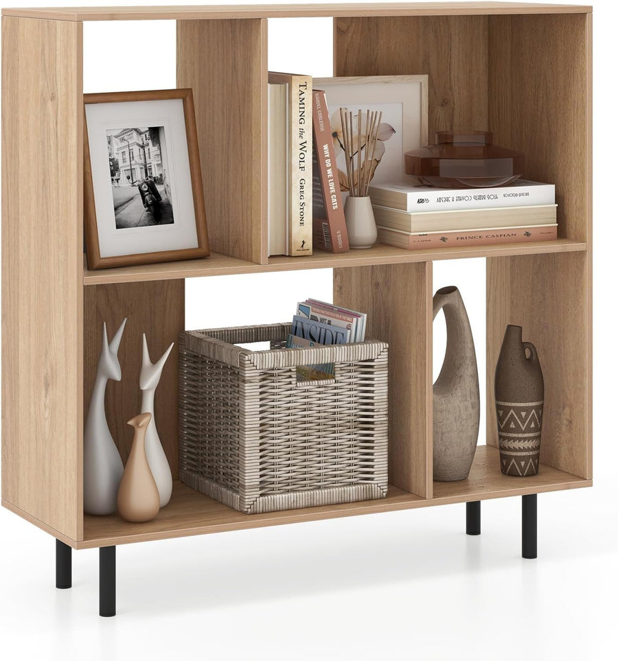 4-Cube Storage Bookcase Wooden Shelves Metal Legs Minimalist 90x30x90cm