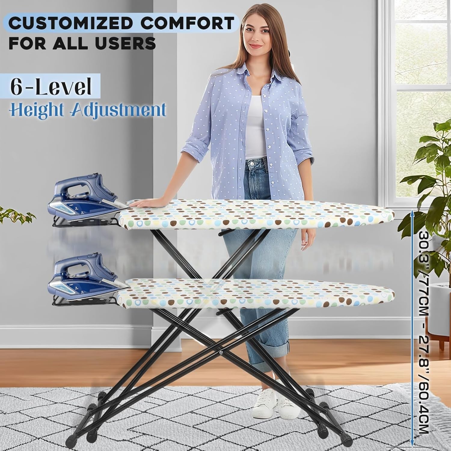 Compact Ironing Board Adjustable Height Anti Slip with Iron Rest 90x31cm