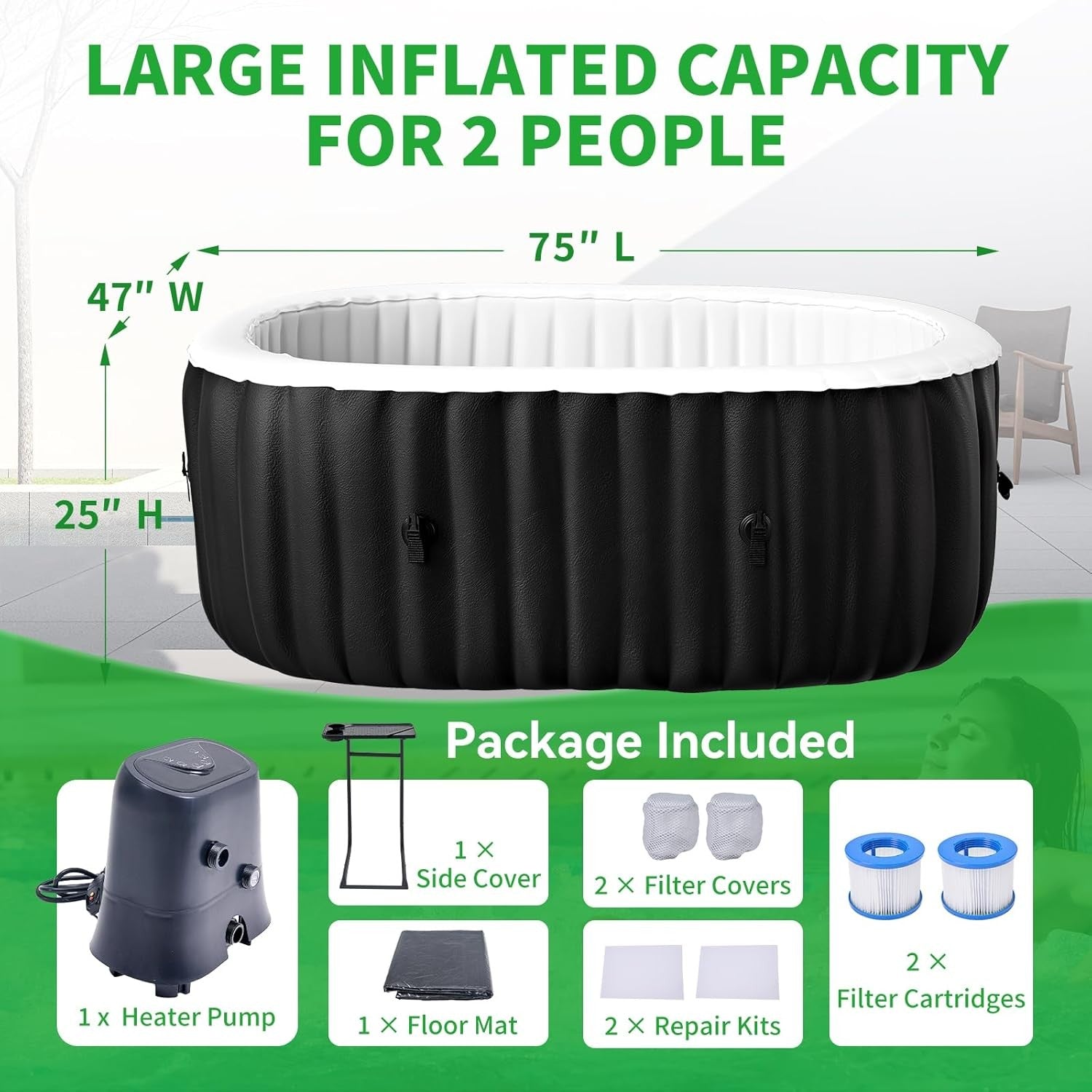 2 Person Inflatable Hot Tub Oval Spa 100 Air Jets Heated Portable