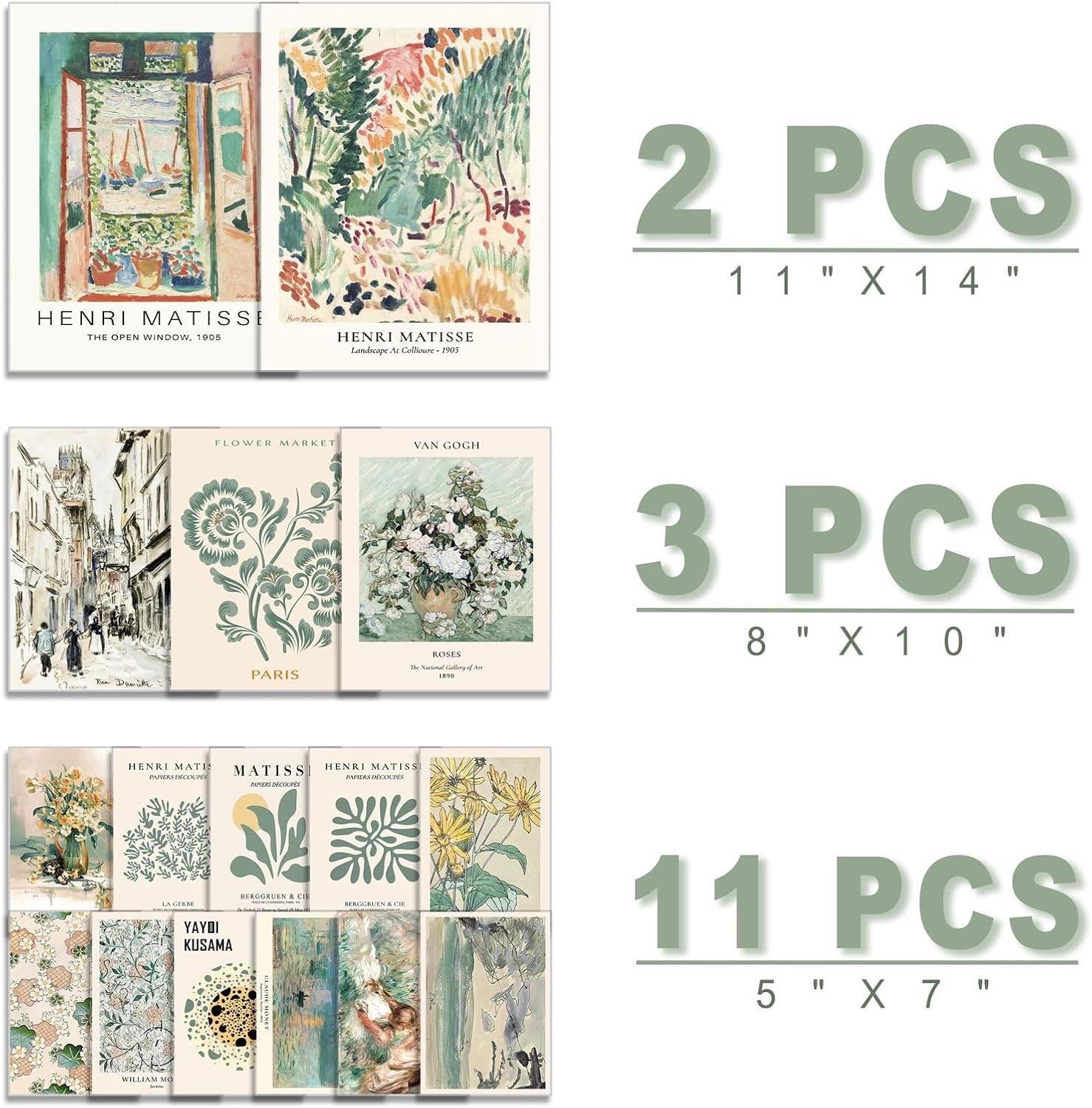 16pc Sage Green Wall Art Set Boho Vintage Gallery Prints 11x14