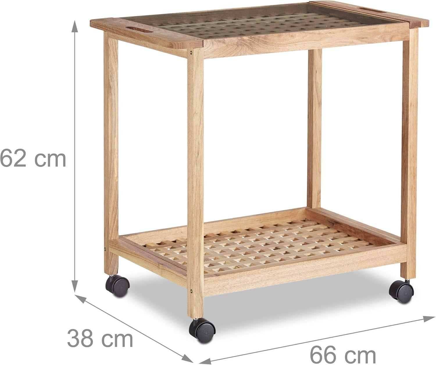 Walnut Kitchen Cart with Wheels Glass Top 2 Tier Trolley