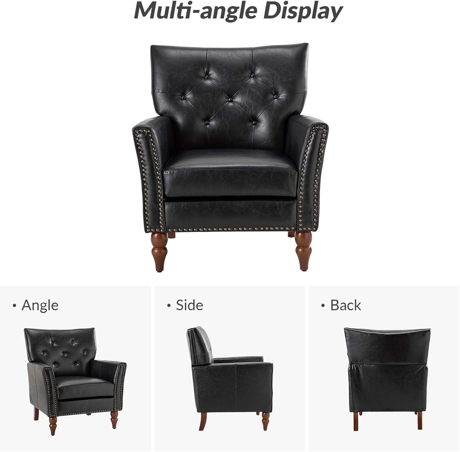 2x Black Faux Leather Tufted Armchairs Nailhead Accent Lounge Chairs Set