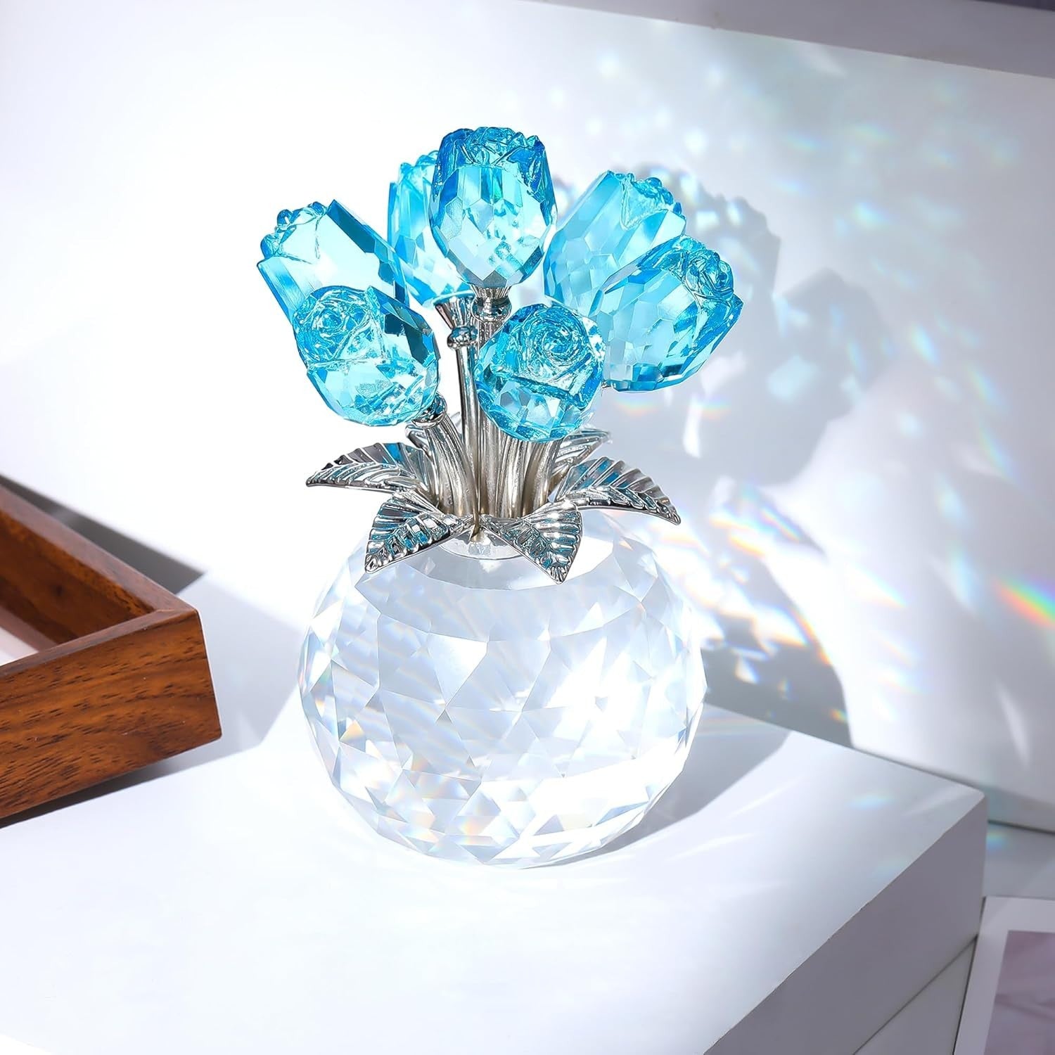 Light Blue Crystal Rose Bouquet Ornament Gift for Women Wife Anniversary Wedding