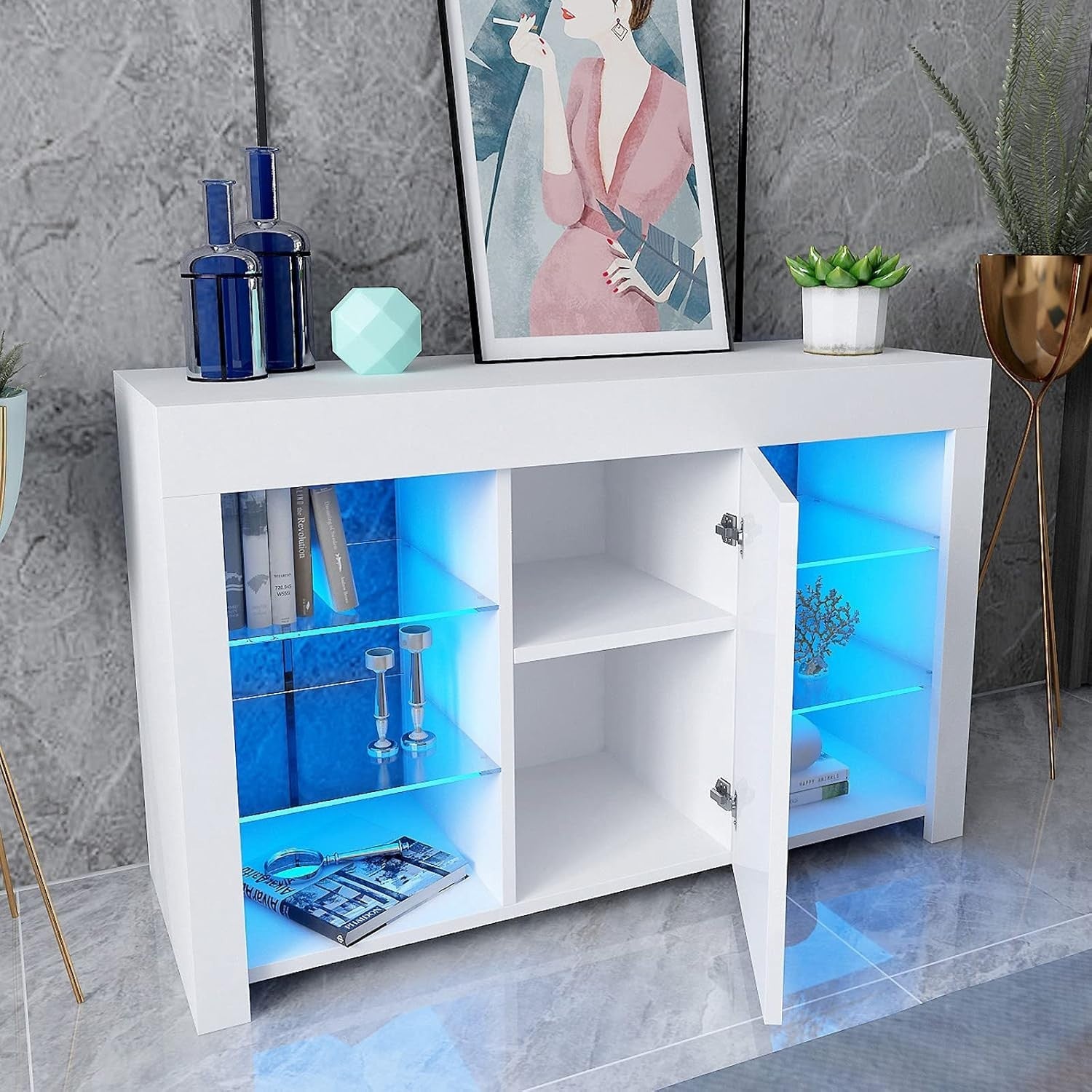Modern White Gloss Sideboard Storage Cabinet with LED Lights & Glass Shelves