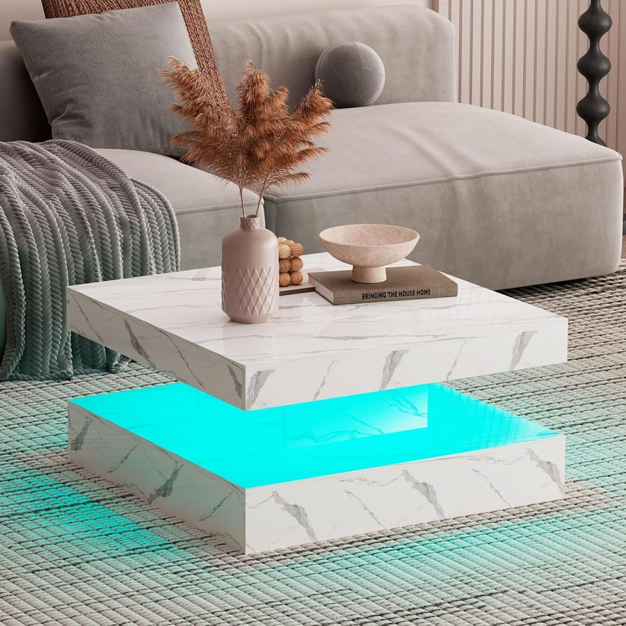 White Marble LED Coffee Table with Storage, 2-Tier Square 78x78cm