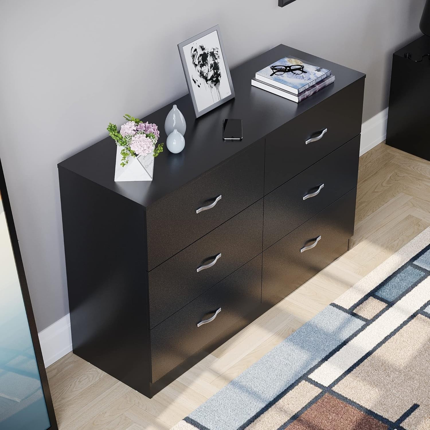 Black 6 Drawer Wide Chest Bedroom Storage Cabinet Unit Modern