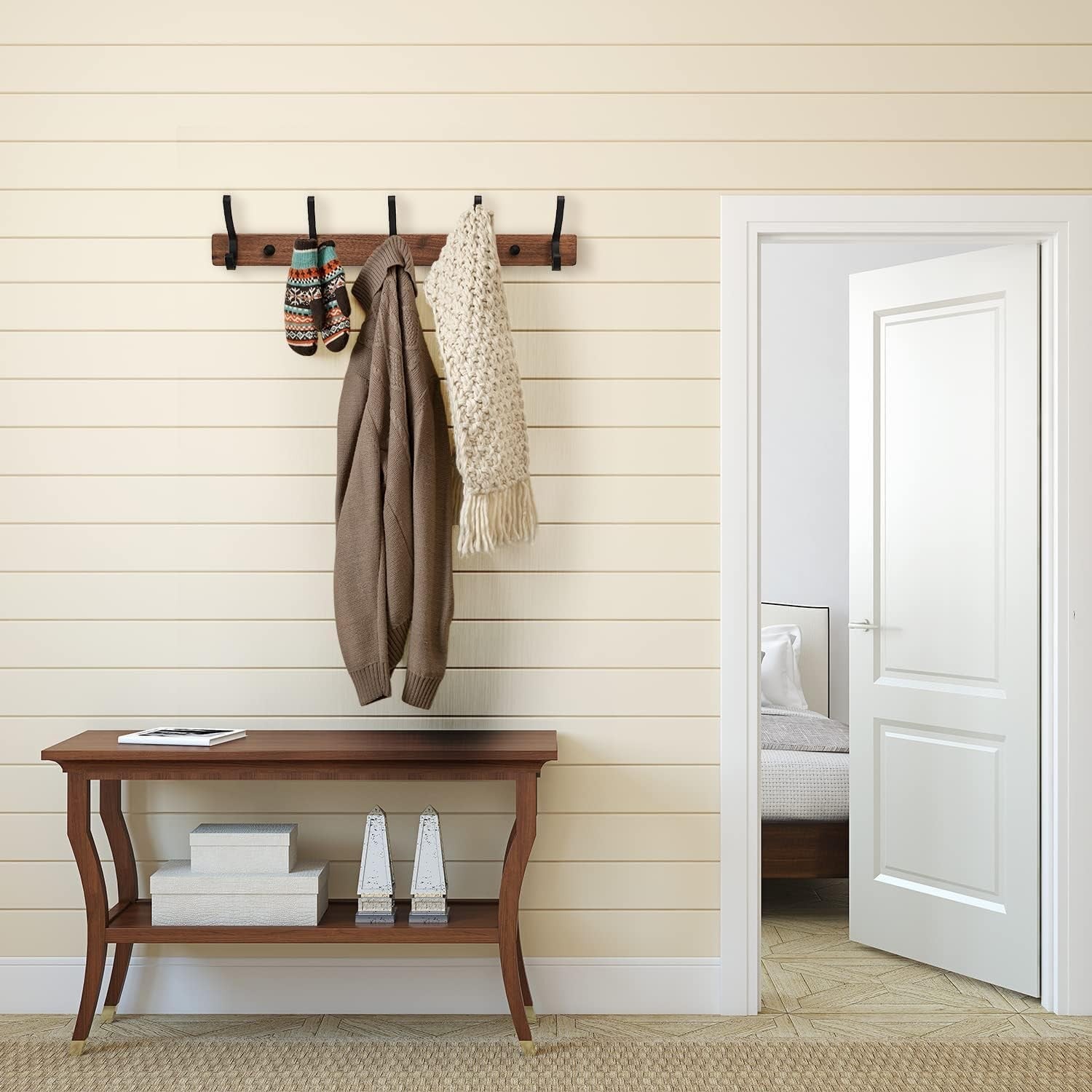 Walnut Wall Coat Rack 5 Black Hooks | Modern Wooden Hanger Rail for Hallway
