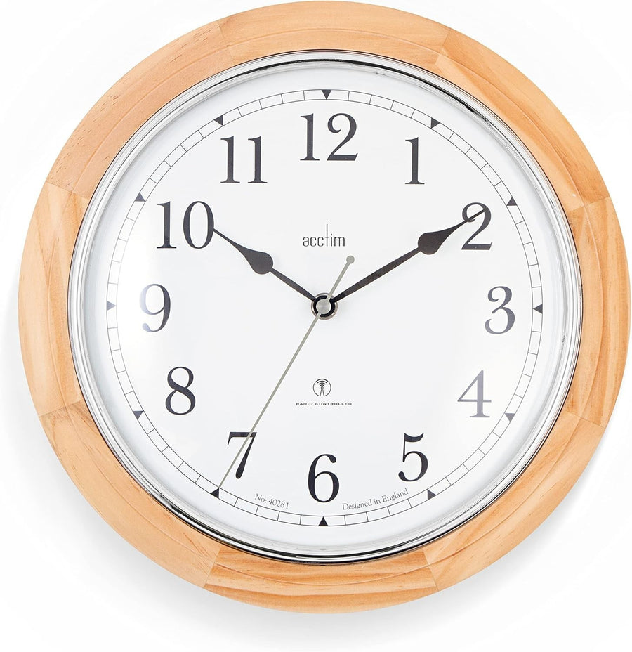Radio Controlled Wall Clock 31cm Light Wood Frame Silver Bezel