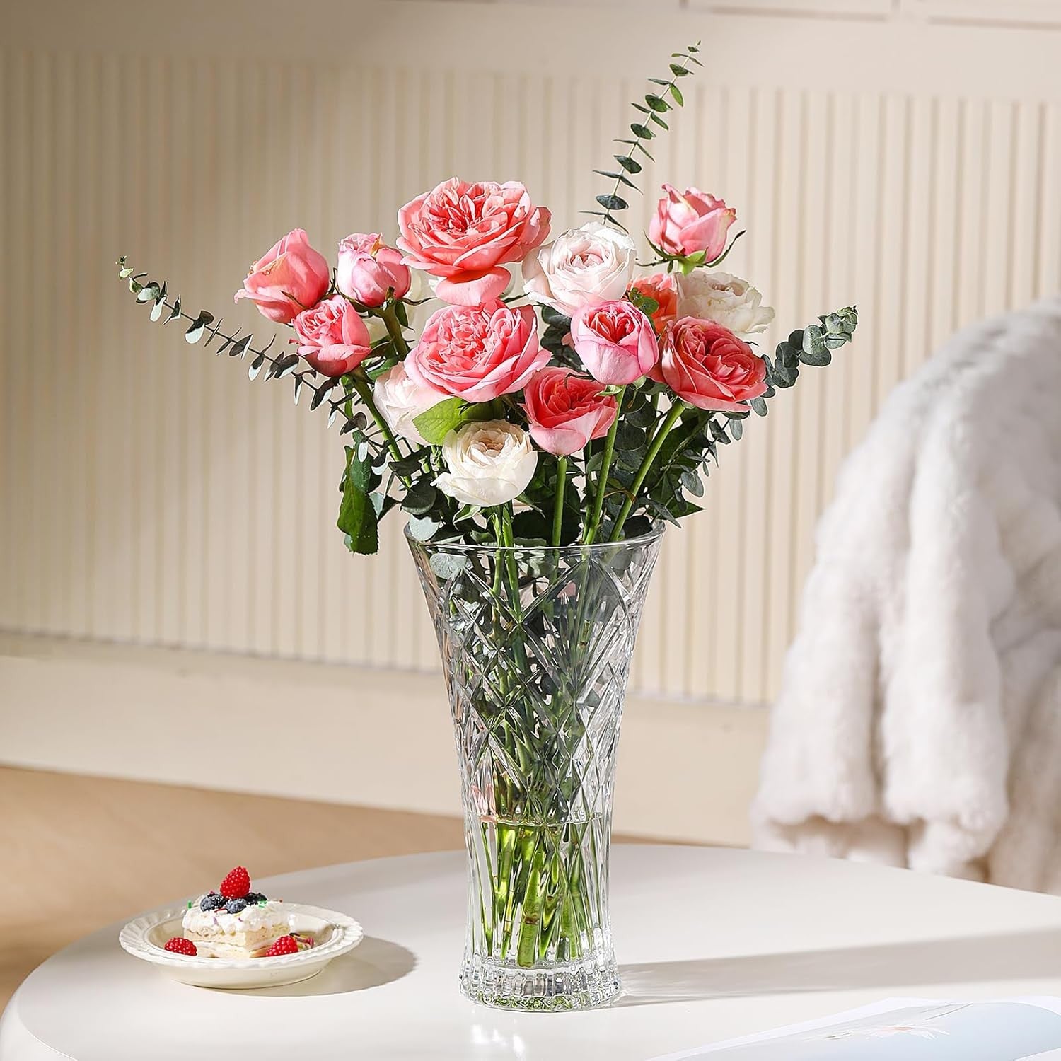 30cm Crystal Glass Flower Vase Tall Diamond Cut Wedding Table Centrepiece