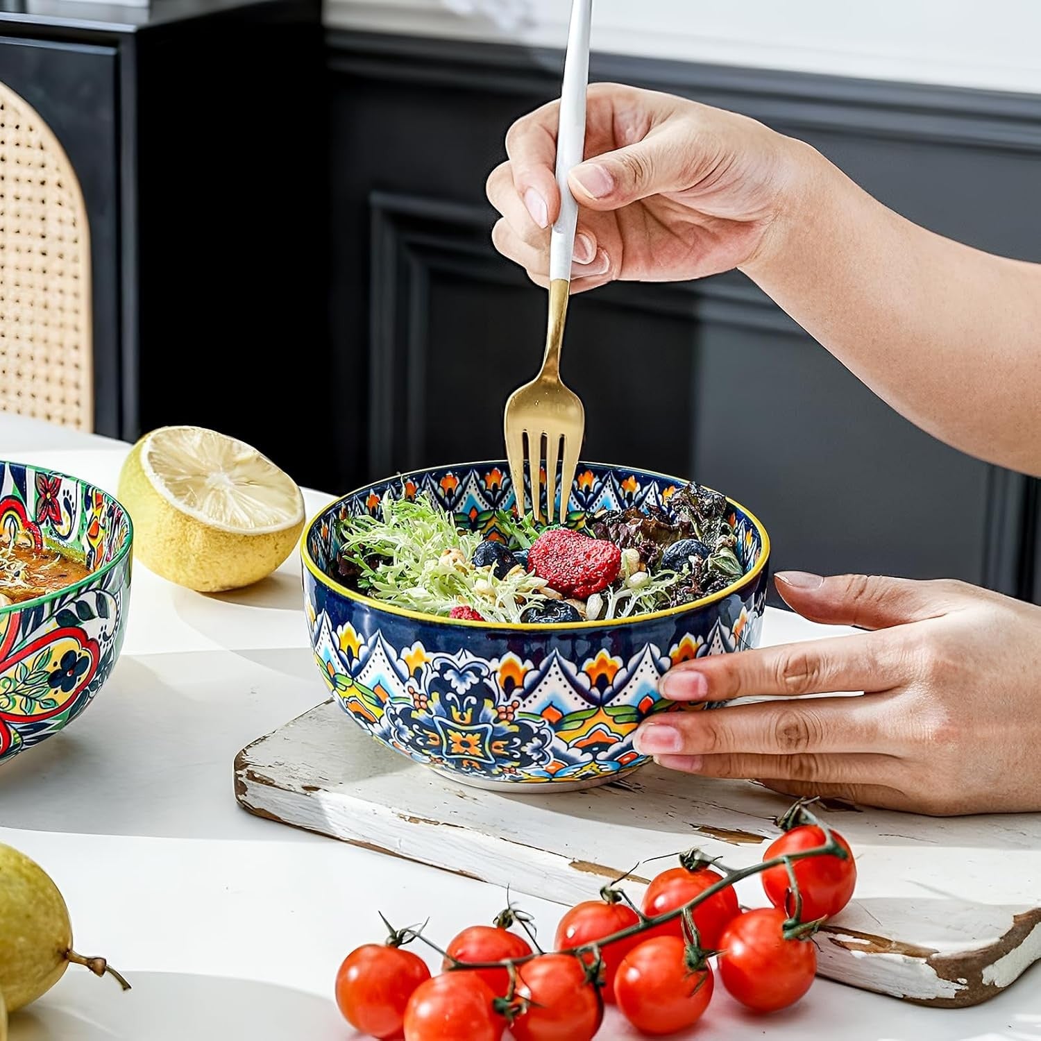 6pc Porcelain Cereal Soup Bowls 28oz Bohemian Floral Dishwasher Safe