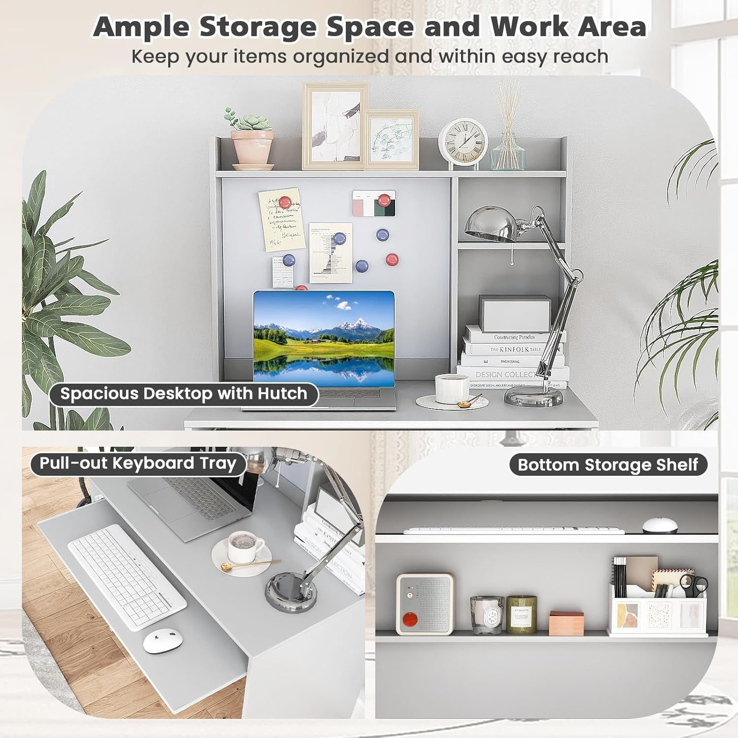 Computer Desk with Hutch Storage Keyboard Tray Study Workstation Grey