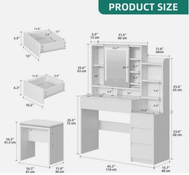 White Vanity Desk with LED Mirror & Stool – 5 Drawer Makeup Dressing Table