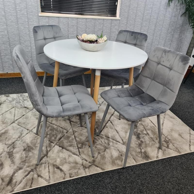 Round White Dining Table Set with 4 Grey Velvet Chairs – 4 Seater Kitchen