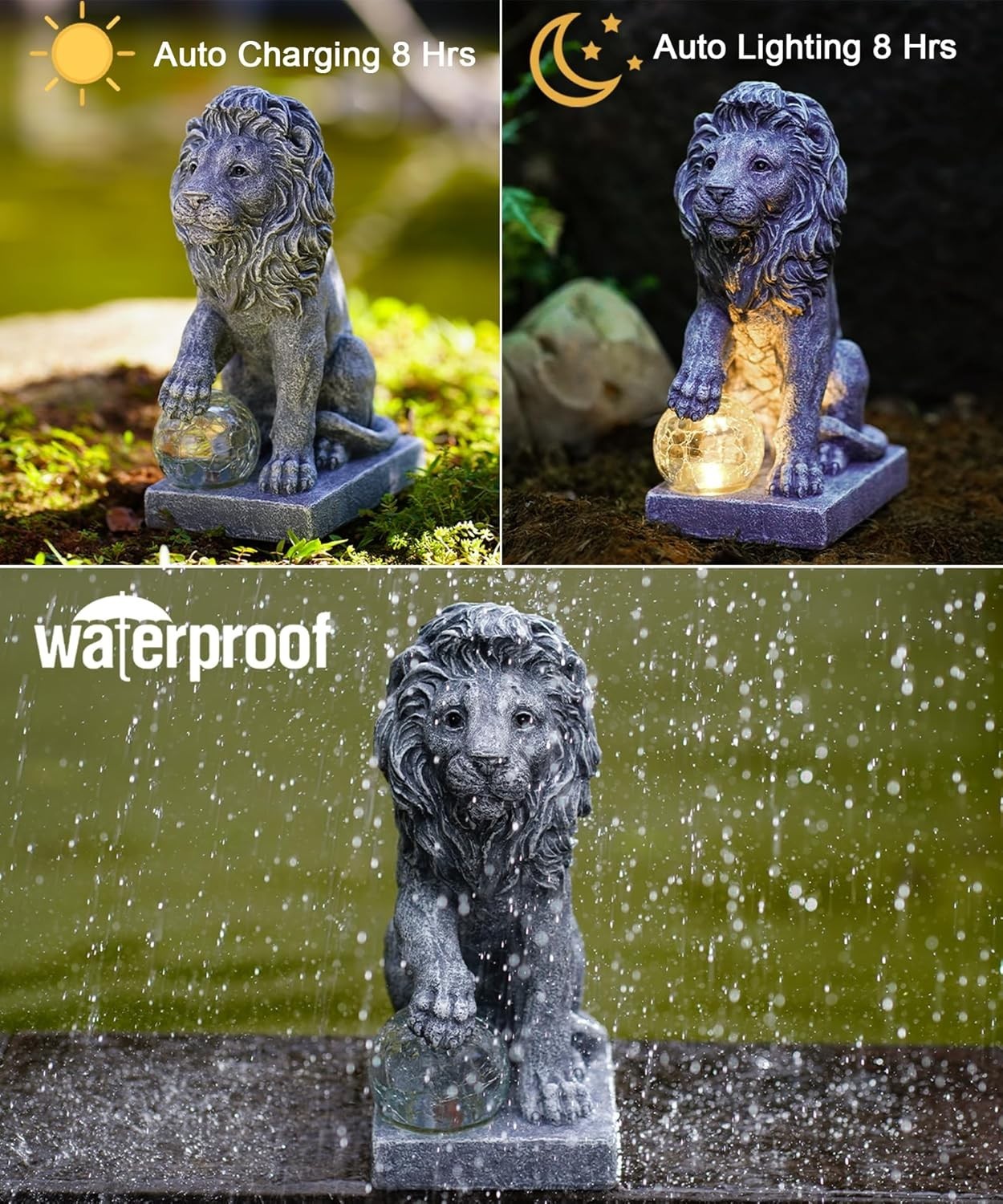 Solar Lion Garden Statue with LED Ball Light – Waterproof Resin Outdoor Ornament