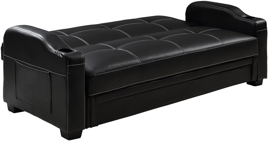 Black Faux Leather Sofa Bed 3 Seater With Storage Cupholders Modern