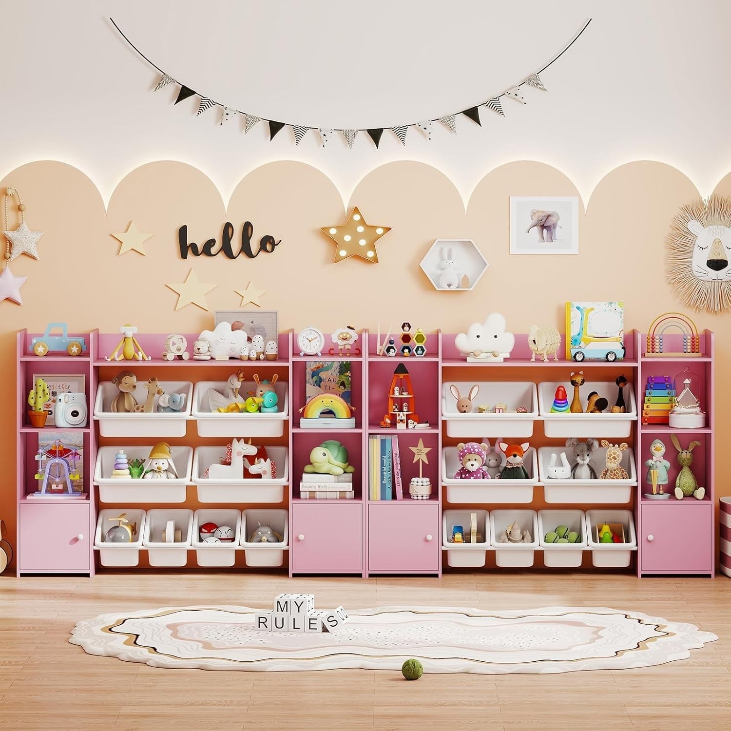 Pink Toy Storage Shelf – Kids 4-Tier Unit with Bins & Cabinets 142cm