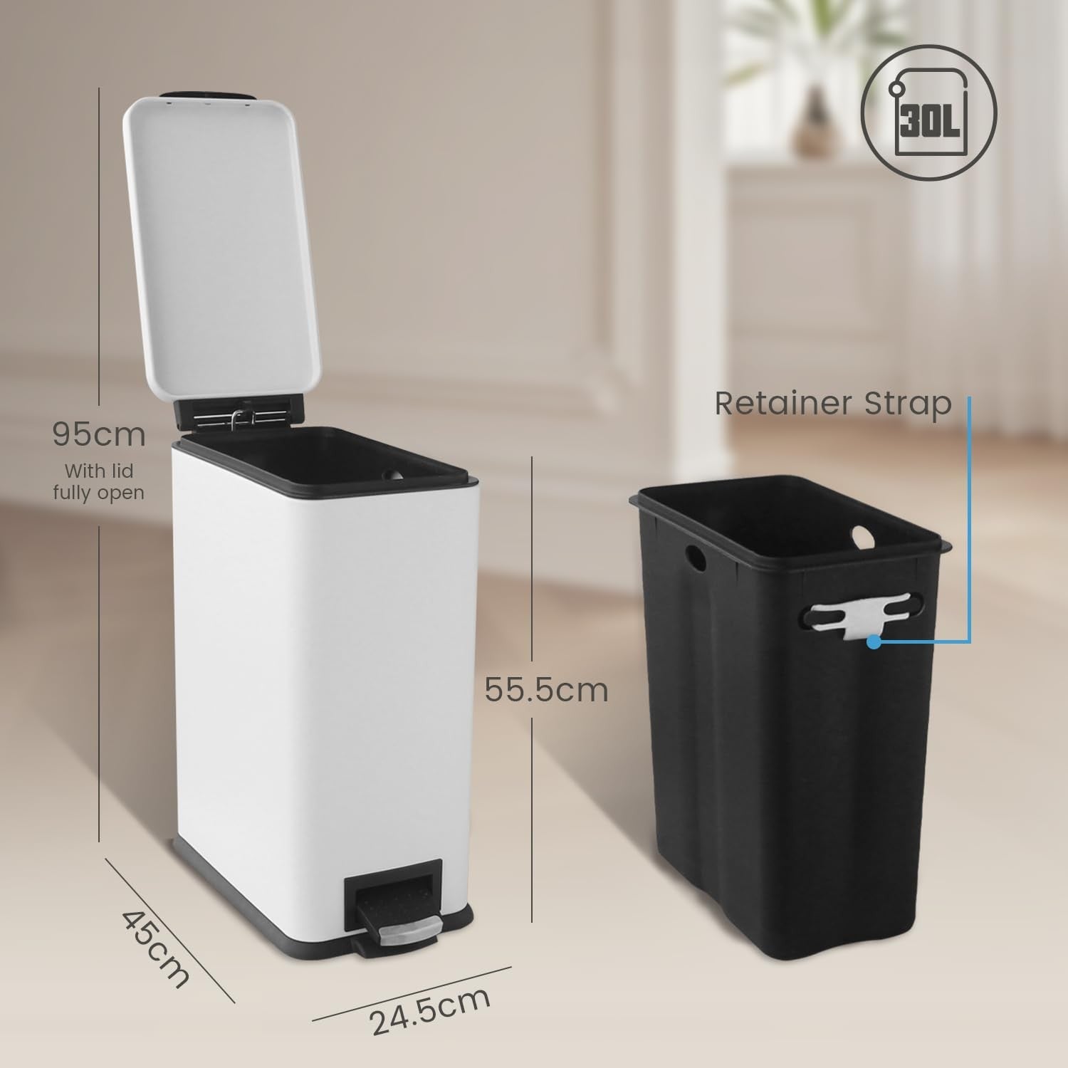 30L Slim White Pedal Bin Soft Close Stainless Steel Kitchen