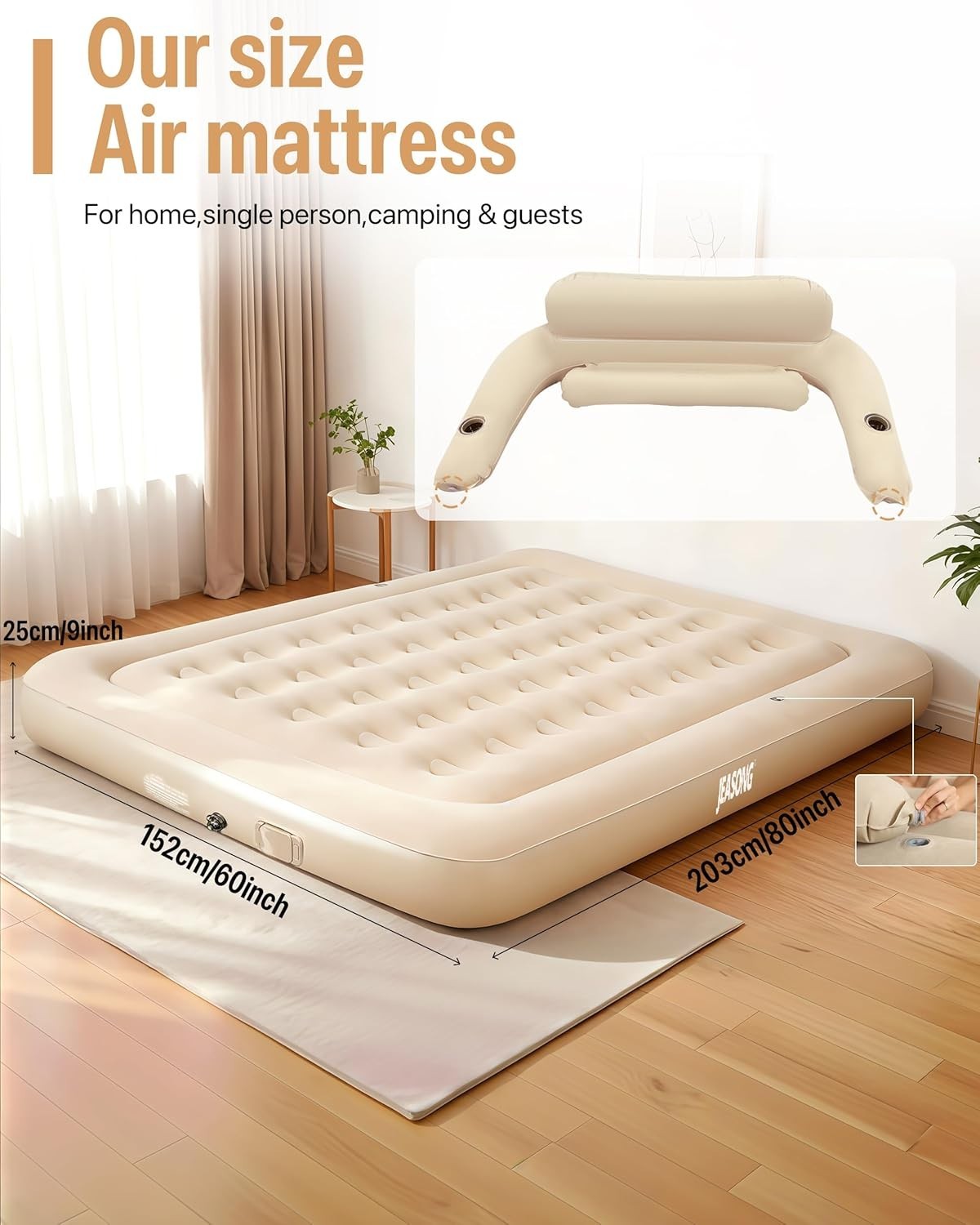 King Air Mattress with Headboard 30cm High Built-In Pump Flocked Top