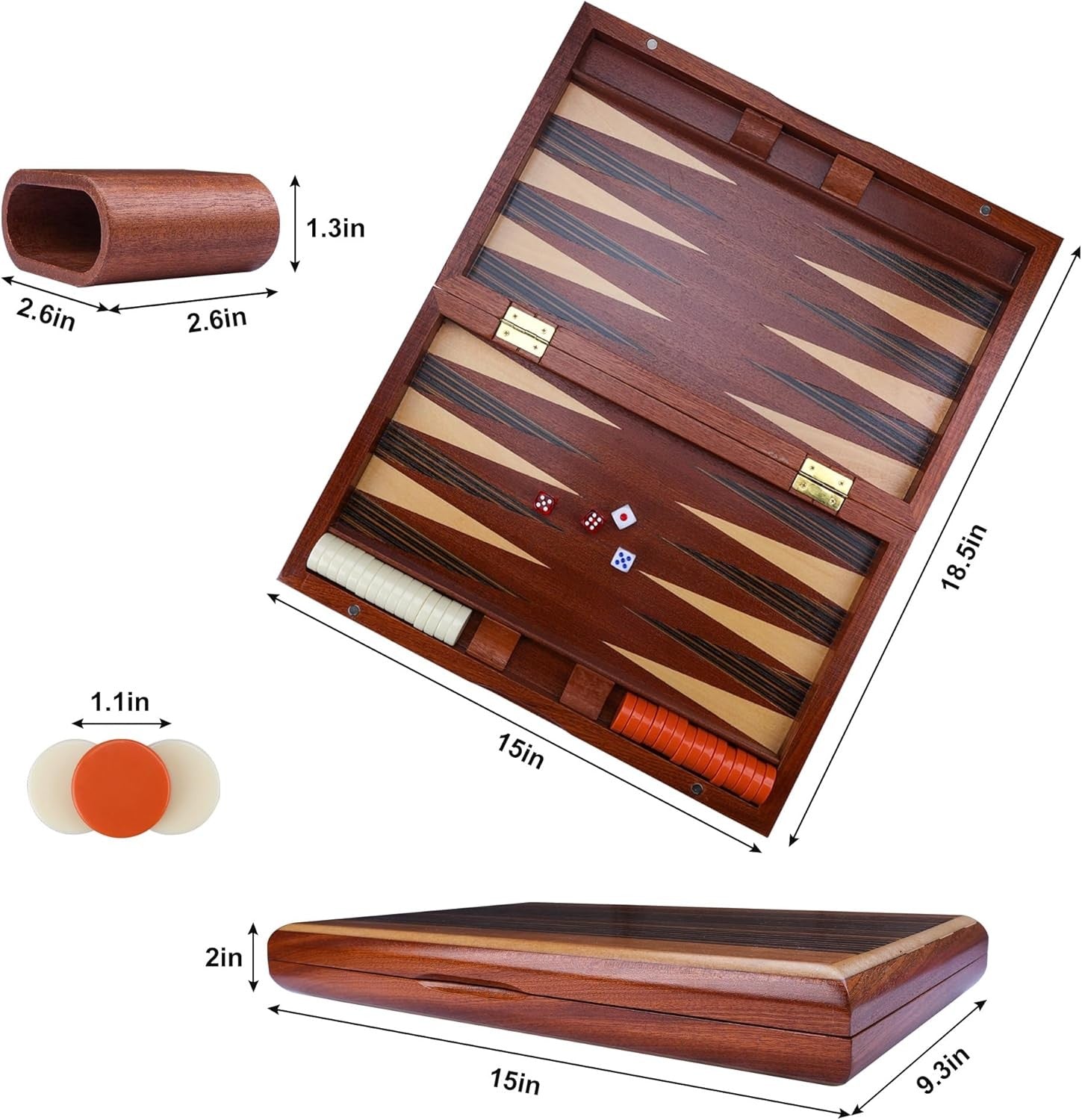 Wooden Backgammon Set 15in Folding Classic Board Game Travel Strategy Set
