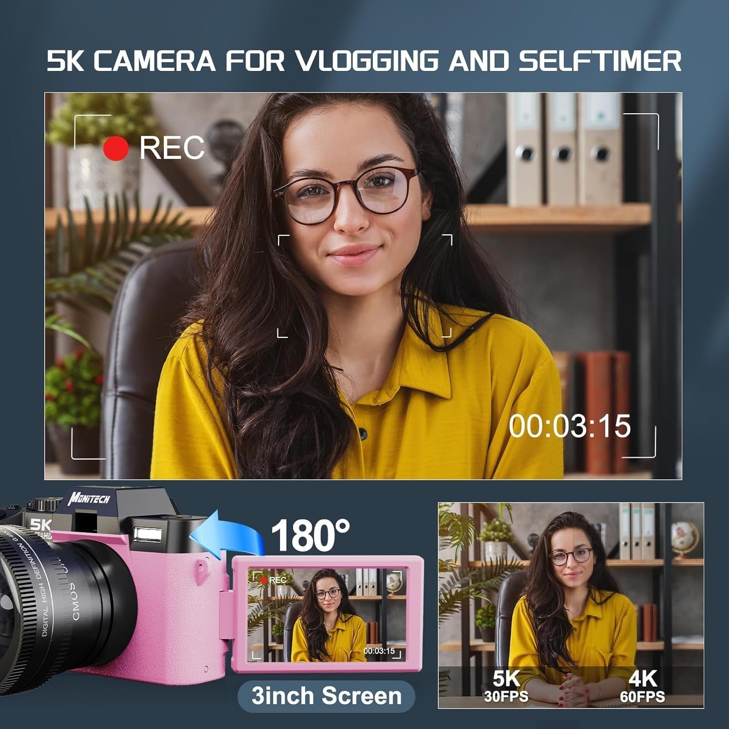 5K Digital Camera 64MP WiFi Vlogging Camera Flip Screen 16X Zoom