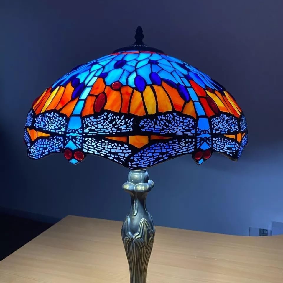 16" Tiffany Style Stained Glass Table Lamp Adjustable Brightness Brass Base