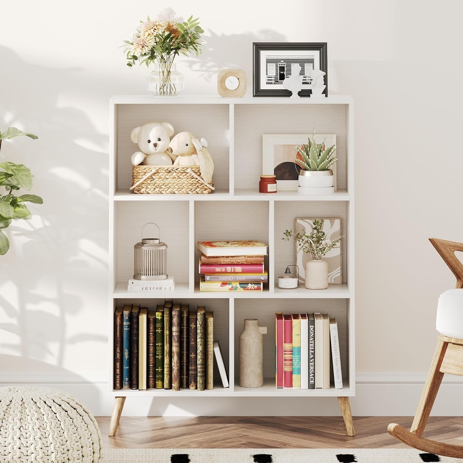 7 Cube White Wooden Bookcase Modern 3 Tier Storage Shelf with Legs 80x24x107cm