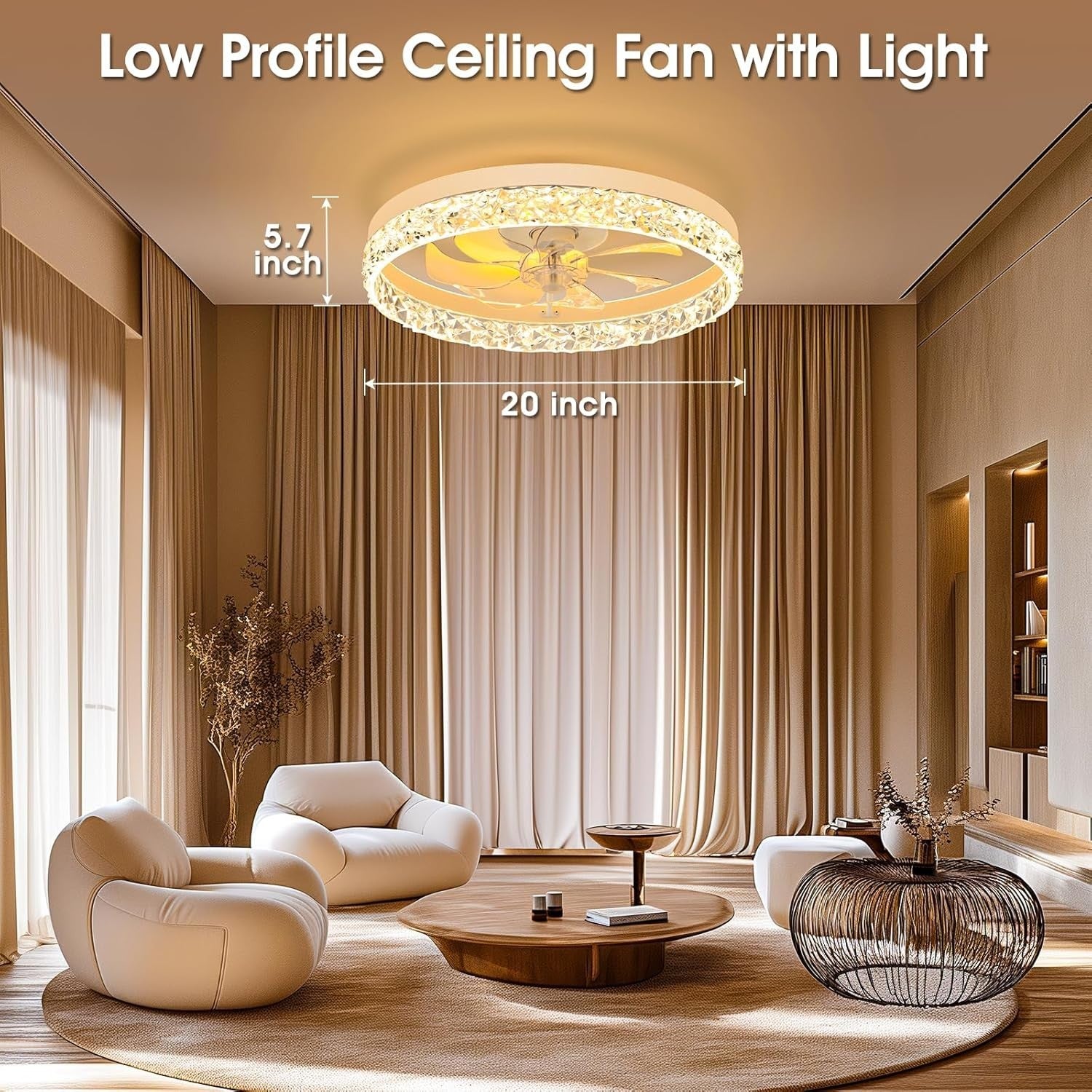 20'' Ceiling Fan Light, Remote & App Control, 6 Speeds, Dimmable, CCT Change