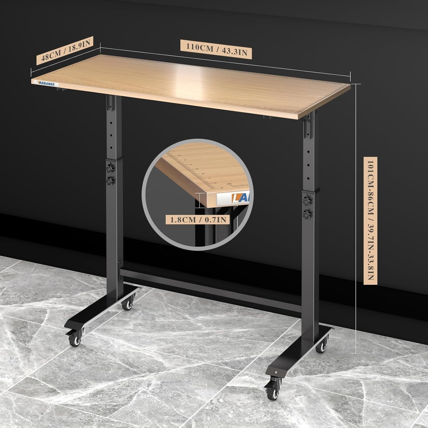 110cm Folding Workbench Adjustable 85–105cm Wheels Brake Work Table Station