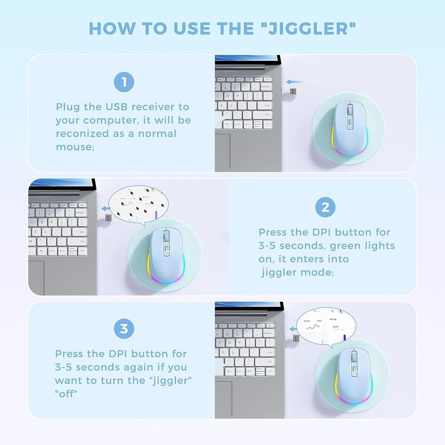 Light Blue RGB Wireless Mouse Rechargeable Silent USB Jiggler