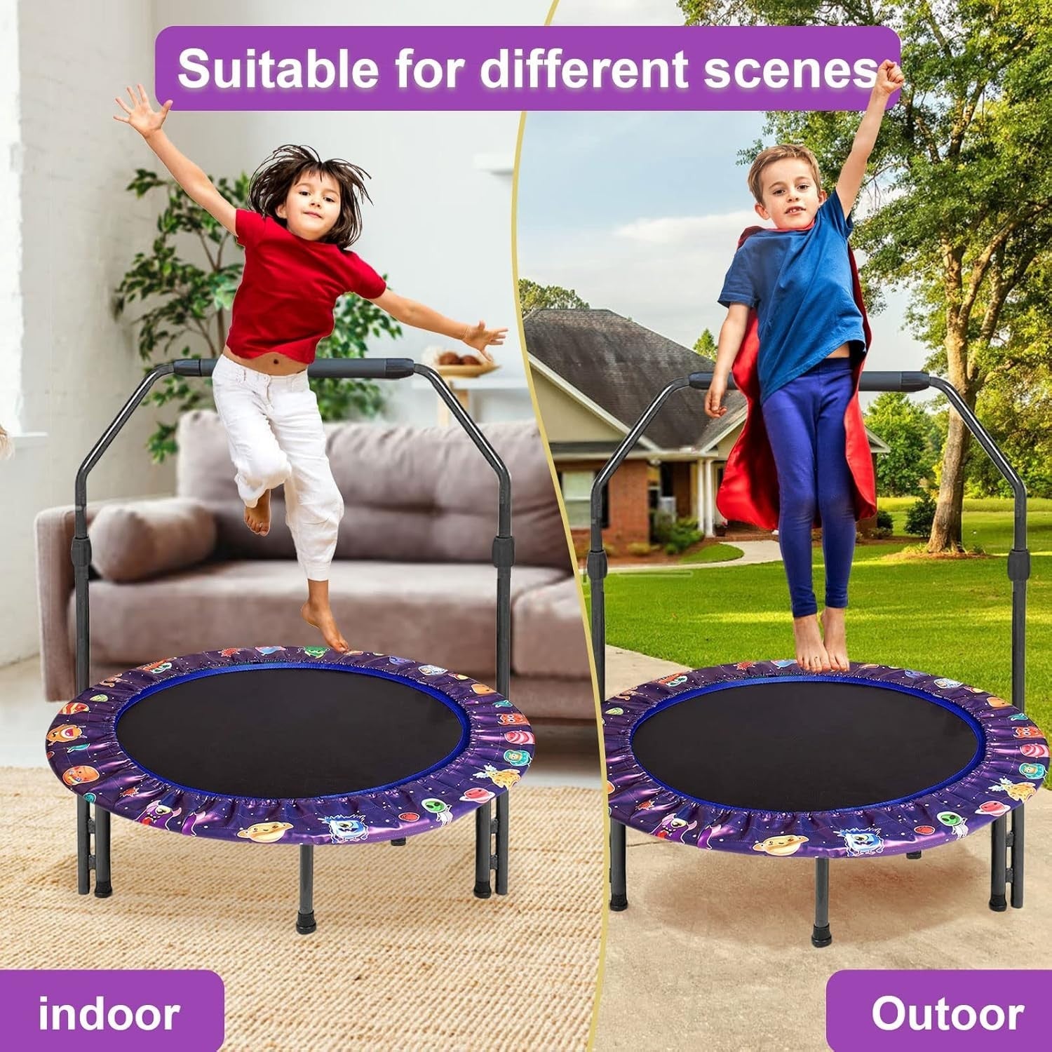 36 Inch Kids Trampoline Adjustable Handle Foldable Indoor Outdoor Bungee