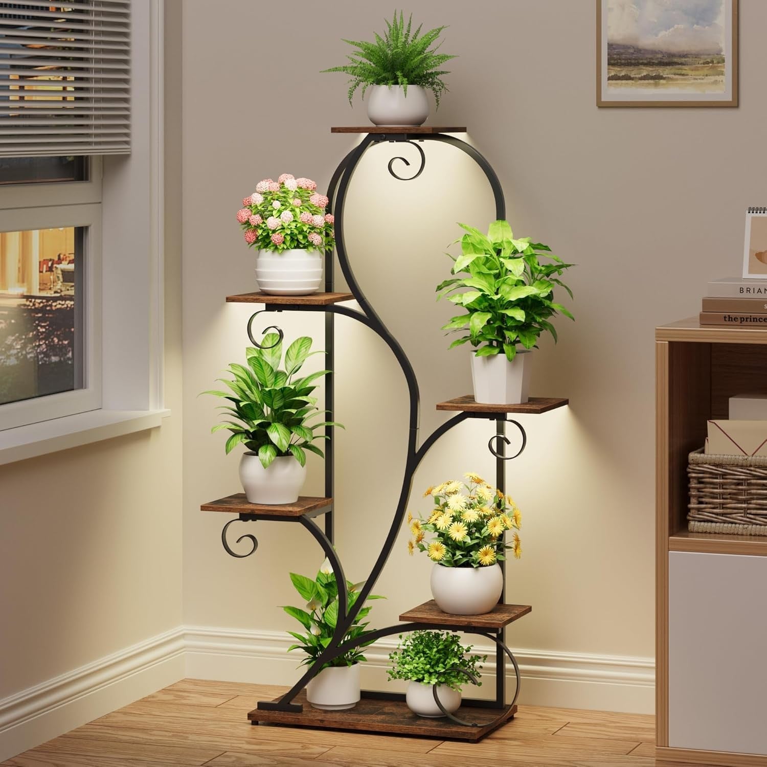 6 Tier Arched Metal Plant Stand with Grow Lights Indoor Flower Display Rack