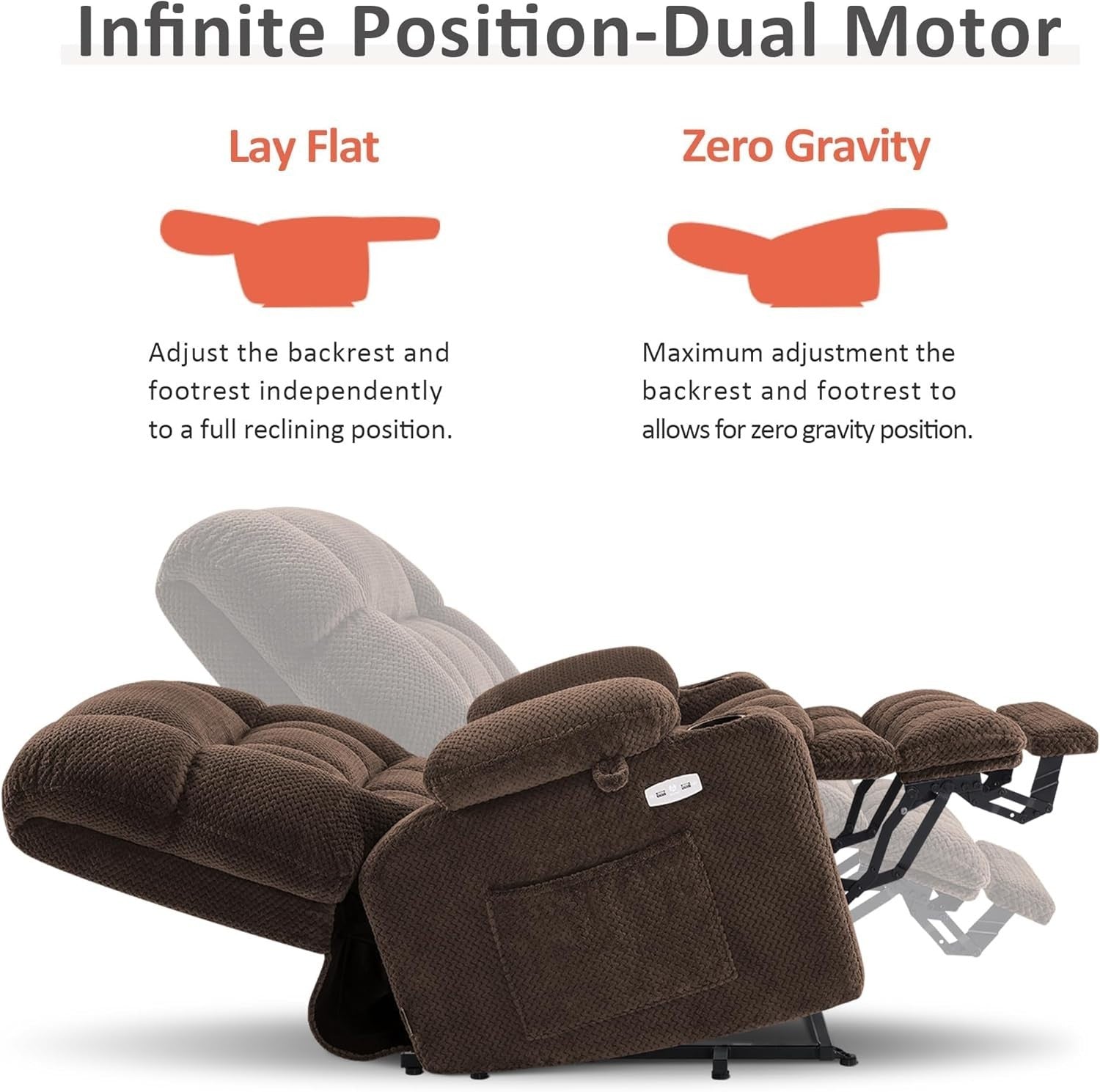 Brown Dual Motor Riser Recliner Chair Infinite Position Heated Massage USB