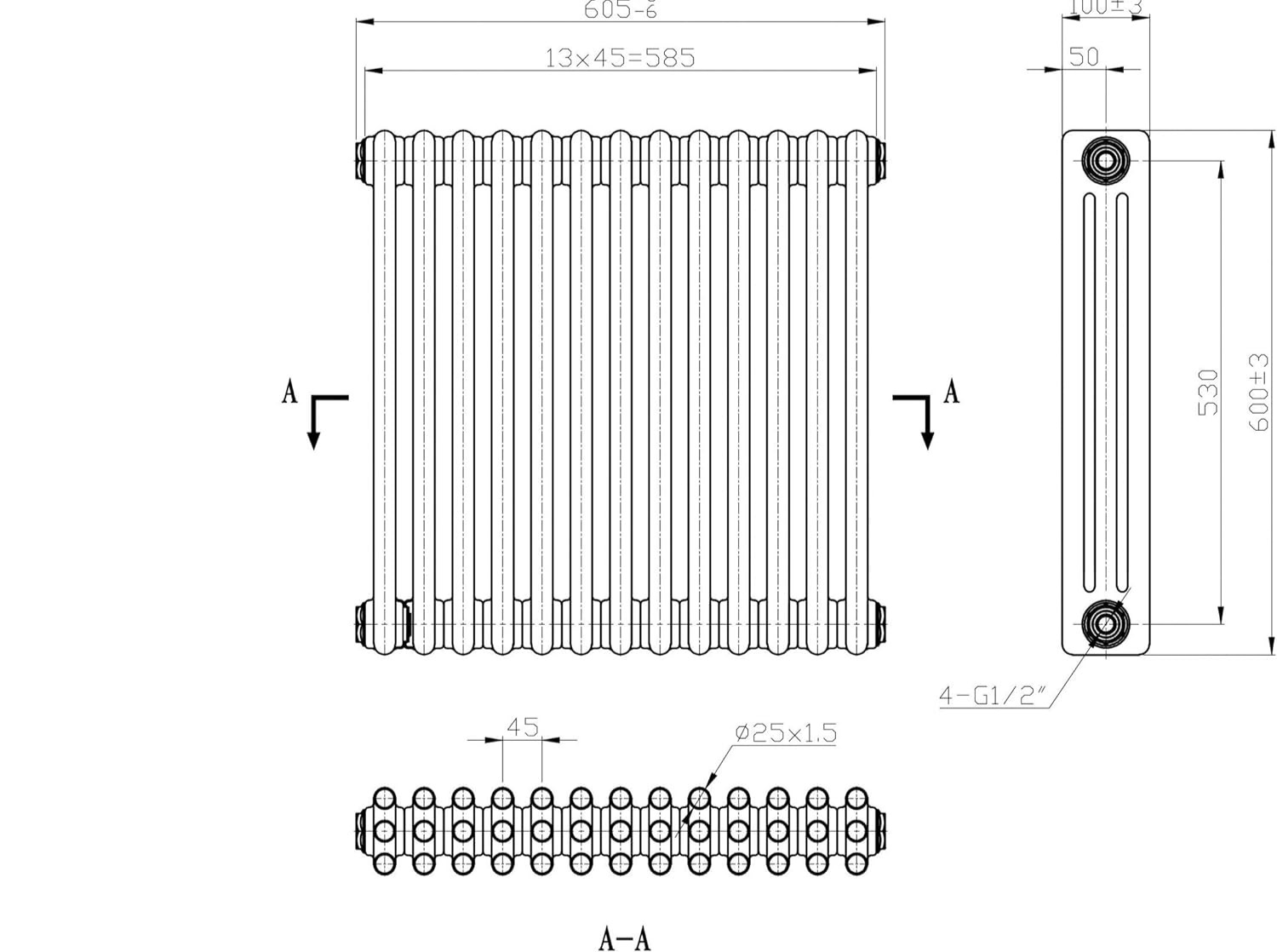 Triple Column Horizontal Radiator 600x605mm White Cast Iron Style