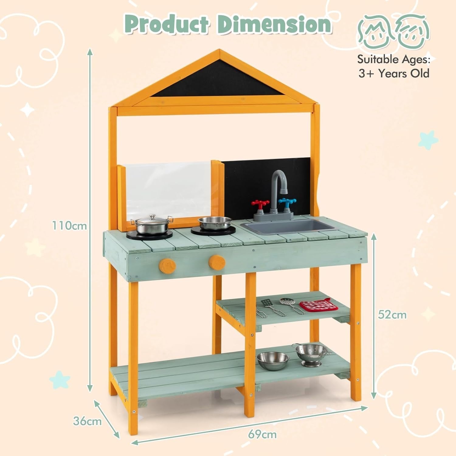 Outdoor Mud Kitchen Kids Playset w/ Planter Sink Chalkboard Set