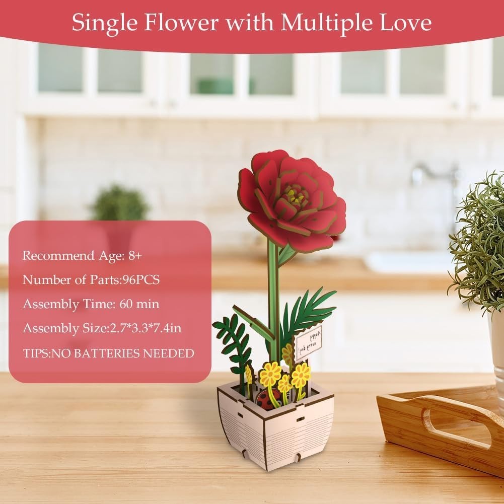 3D Wooden Flower Puzzle DIY Craft Kit, Romantic Home Décor Gift, Easy Build