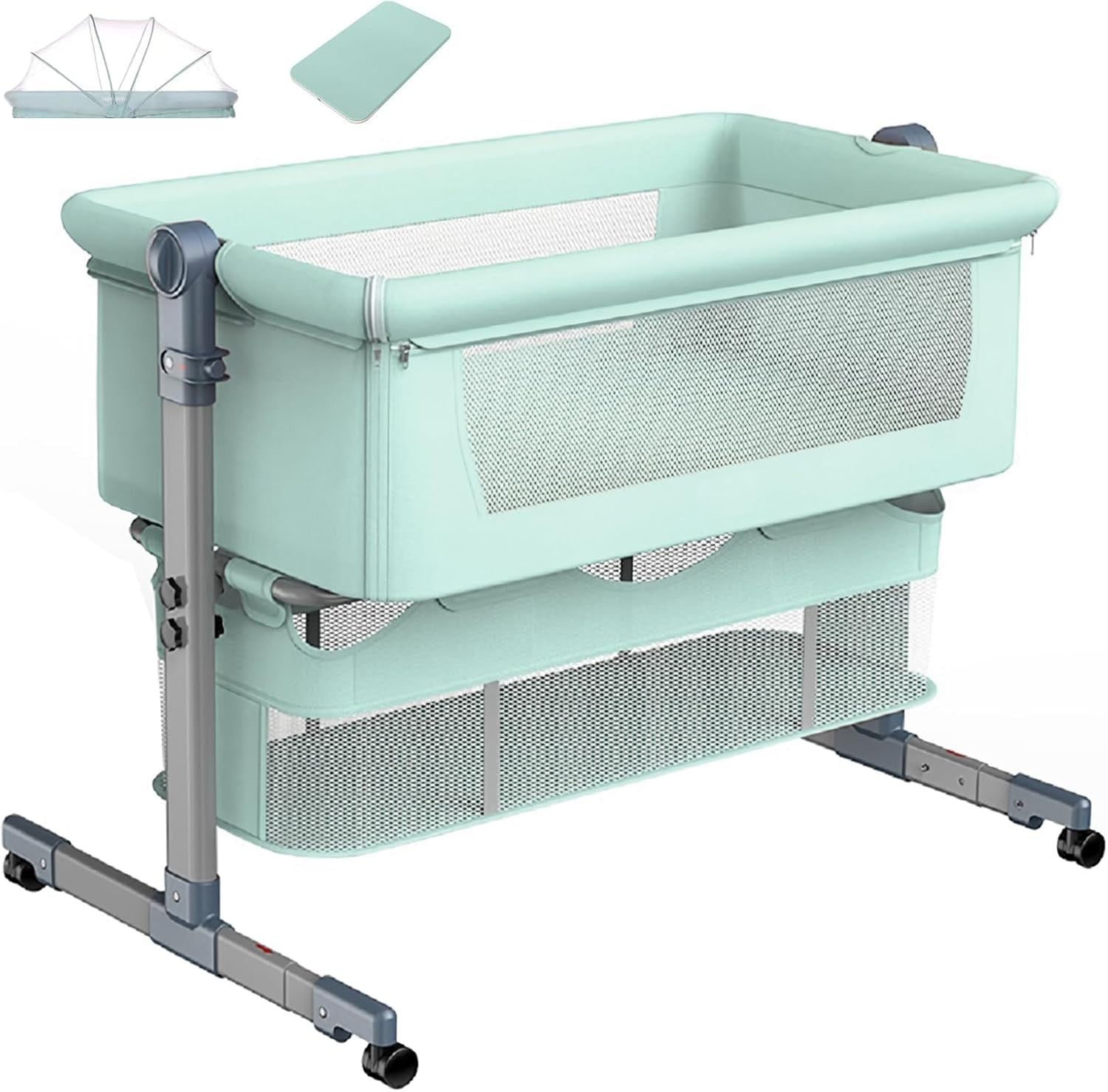 3in1 Baby Bedside Crib Foldable Travel Bassinet with Mattress & Storage Green