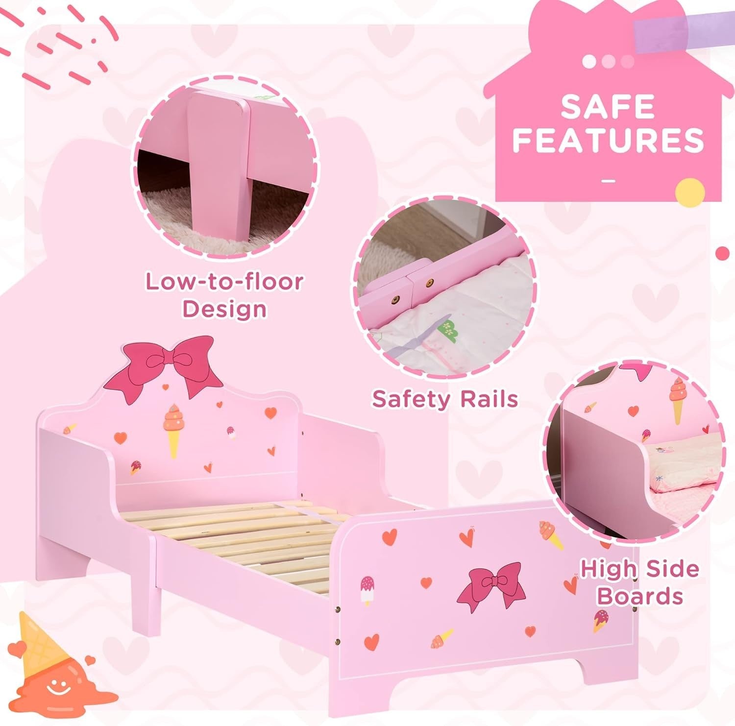 Kids Toddler Bed with Safety Rails Wooden Low Frame Girls Bedroom Princess Pink
