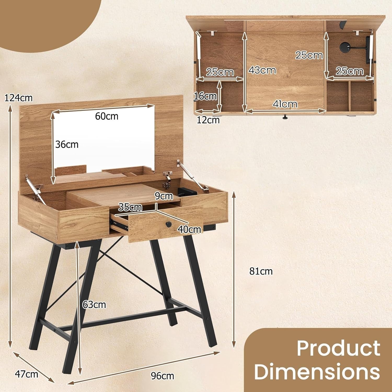Flip Top Vanity Table Desk w/Mirror & Charging Station Rustic Wood Black