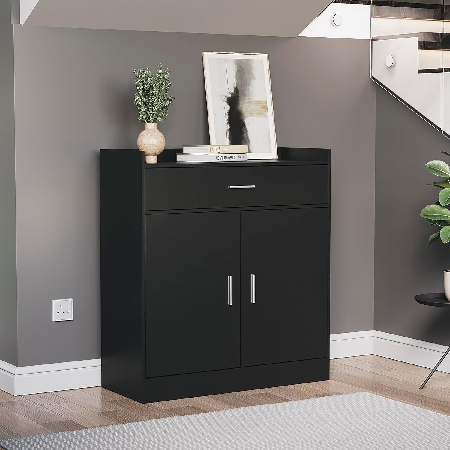 Modern Black Shoe Cabinet Hallway Cupboard with Drawer 82x34x90cm