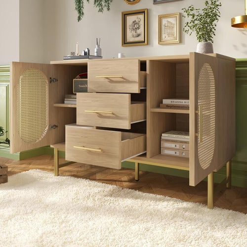Rattan Sideboard Storage Cabinet Oak 2 Door 3 Drawer Hallway Unit