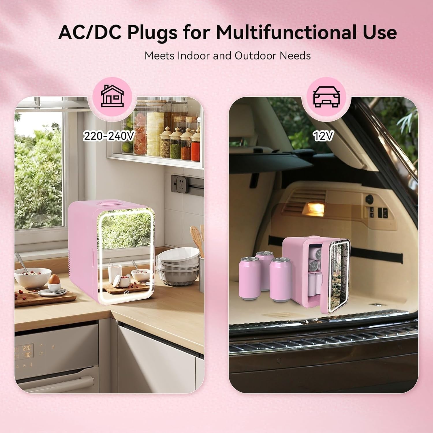 8L Portable Mini Skincare Fridge Cooler & Warmer LED Mirror AC/DC Pink