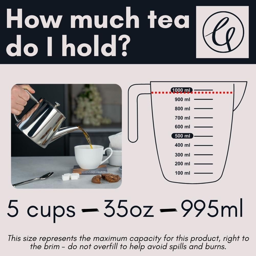 995ml Stainless Steel Teapot 5 Cup Mirror Finish Non Drip Tea Pot