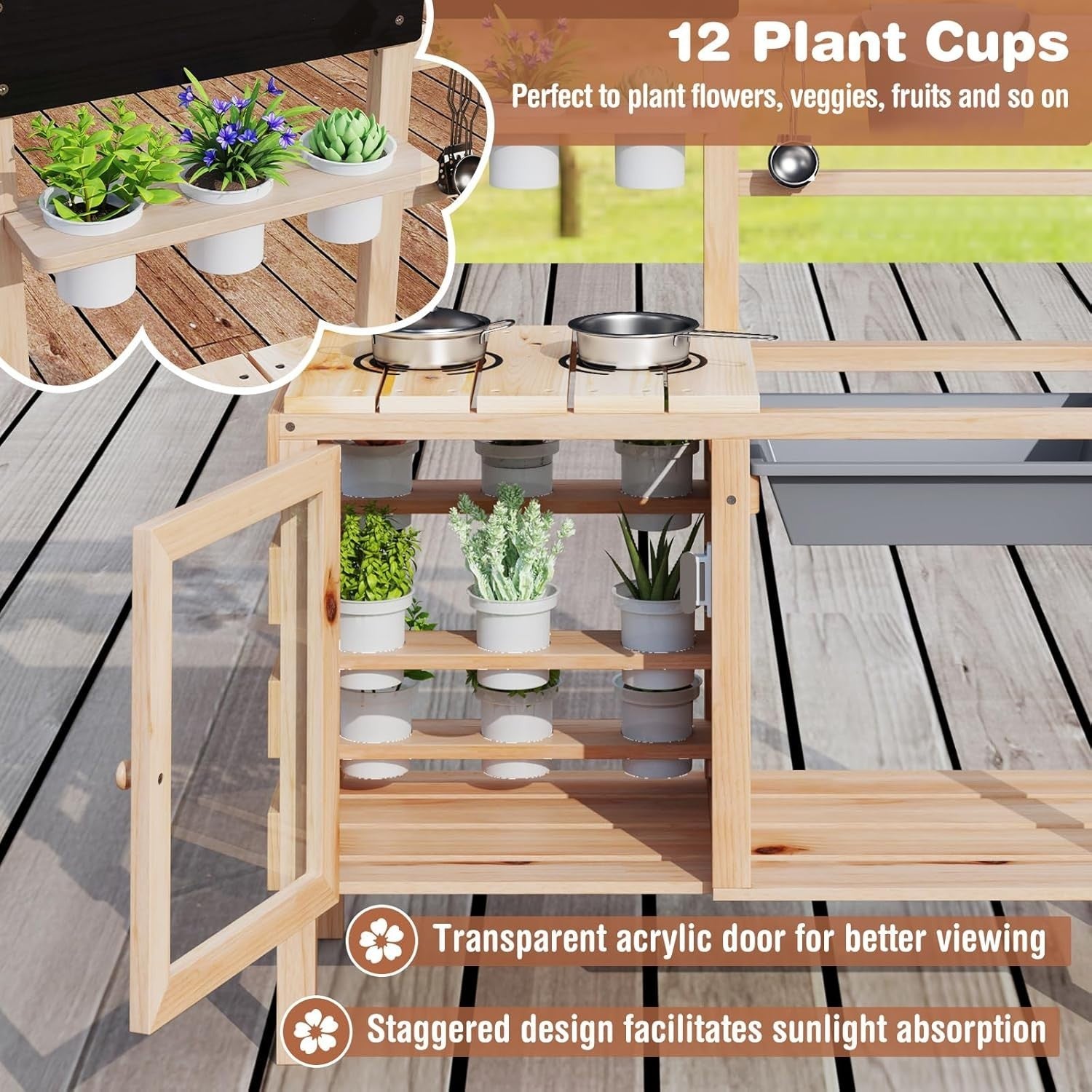 Kids Mud Kitchen Outdoor Wooden Play Kitchen Sink Gardening Toy Set