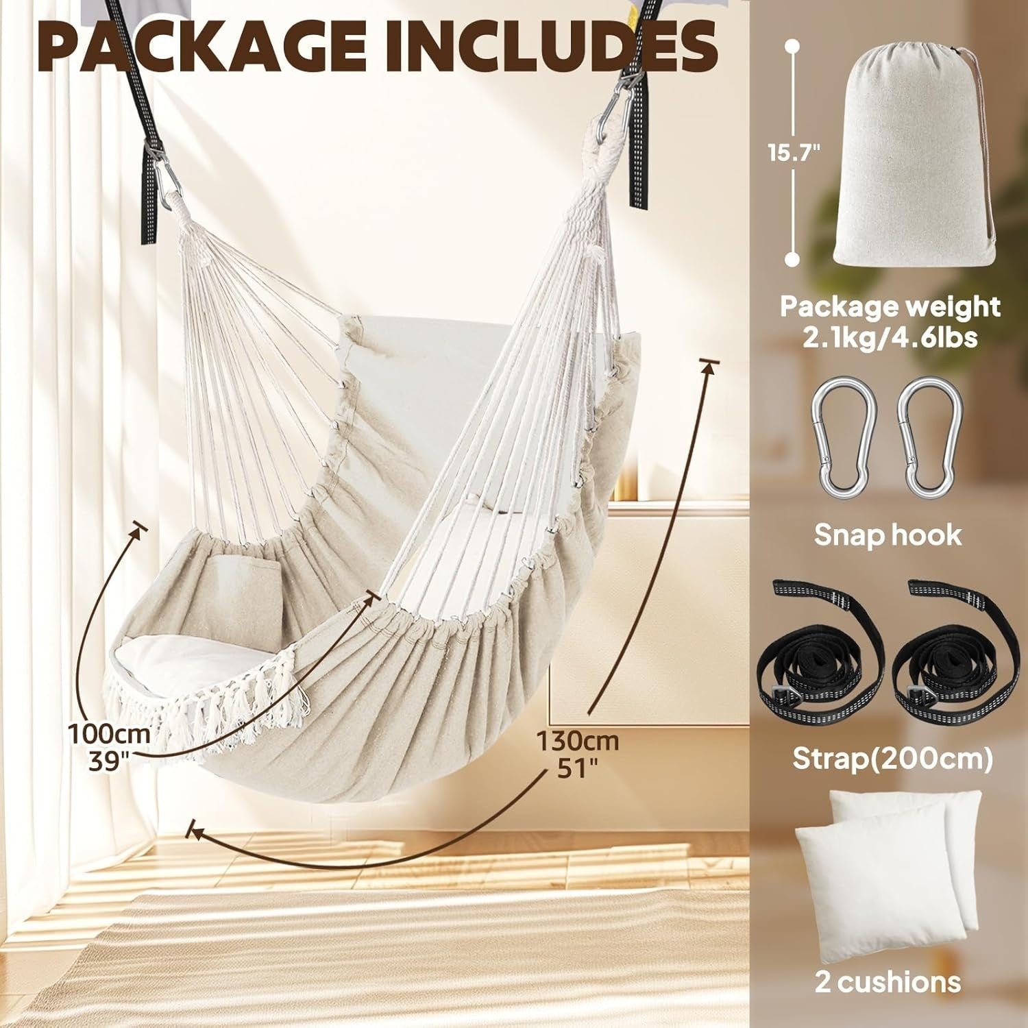 Cream Hammock Chair with 2 Cushions & Straps | 500lbs Indoor Outdoor Swing