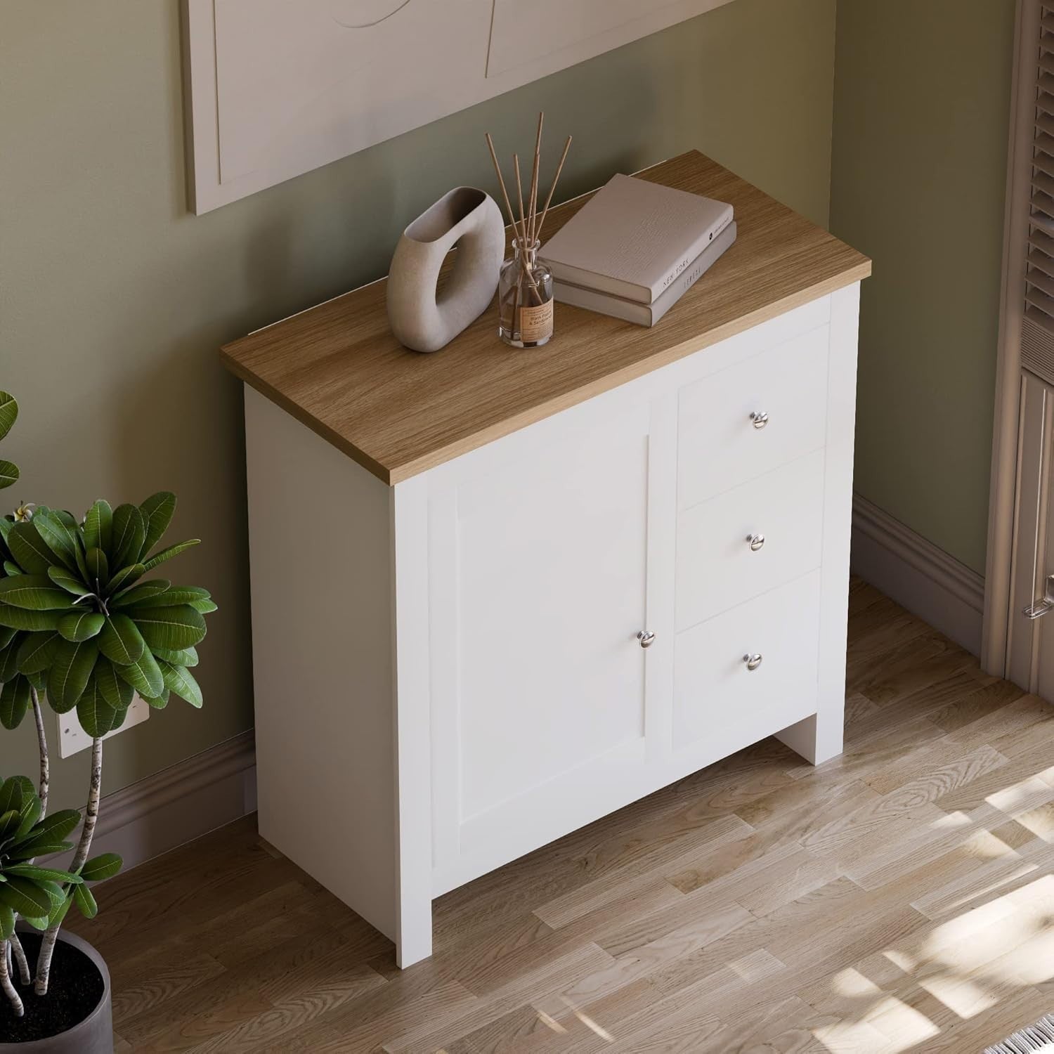 White Sideboard Cabinet with 3 Drawers Oak Top Storage Unit Hallway Slim